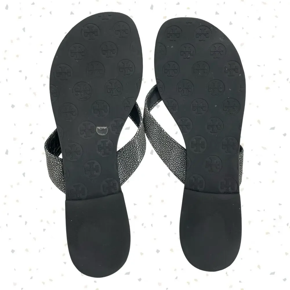 Tory Burch Thora Stingray Black Leather Thong Sandals Smoke Silver Foil Size 10
